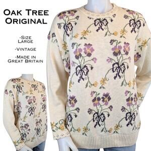 90s Oak Tree Sweater Large Cream Purple Floral Knit Cottagecore Grandmacore VTG